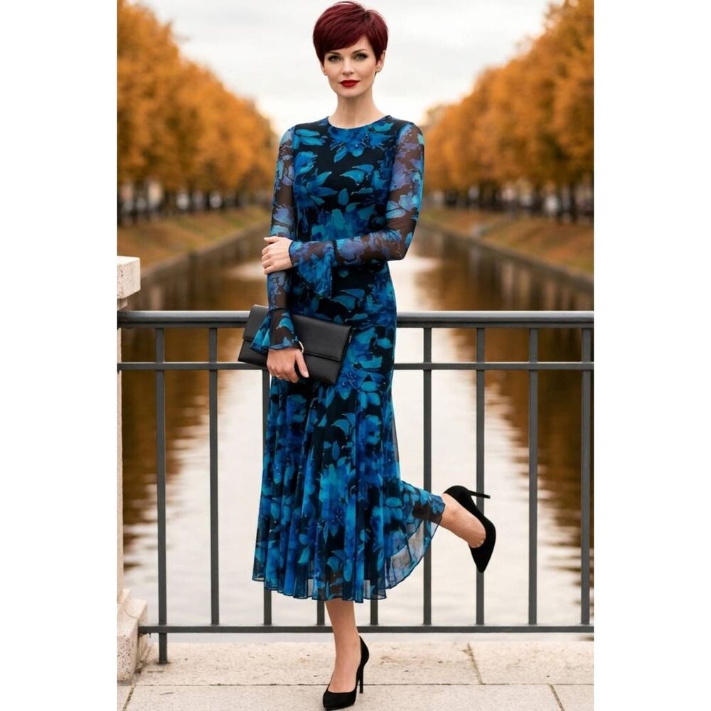 💬🔸️🅰️NWT Blue Floral Mesh Long Sleeve Dress Medium
